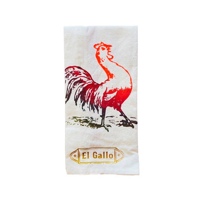 Loteria dish towel featuring el gallo (the rooster) design and phrase.