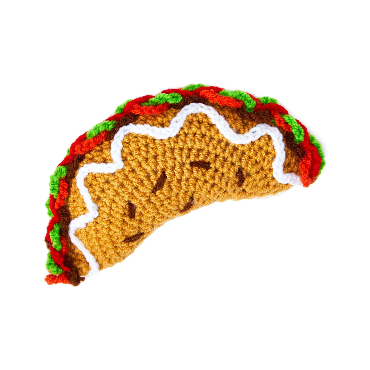 Hand crocheted brown, red and green taco rattle with white "sour cream" drizzle accent.