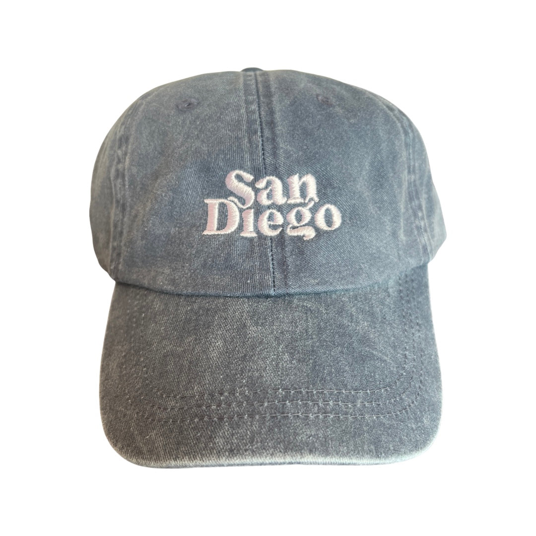 Heathered navy blue hat with the word San Diego in white lettering