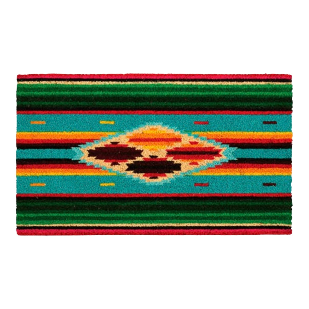 Doormat with a serape design with Aztec design in the center. Colors are red, green, yellow, orange and black.