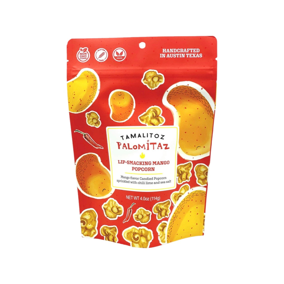 4 ounce bag of candied popcorn in mango flavor. packaging is orange with images of mangos, chiles and popcorn as well as the name of the product in the center.