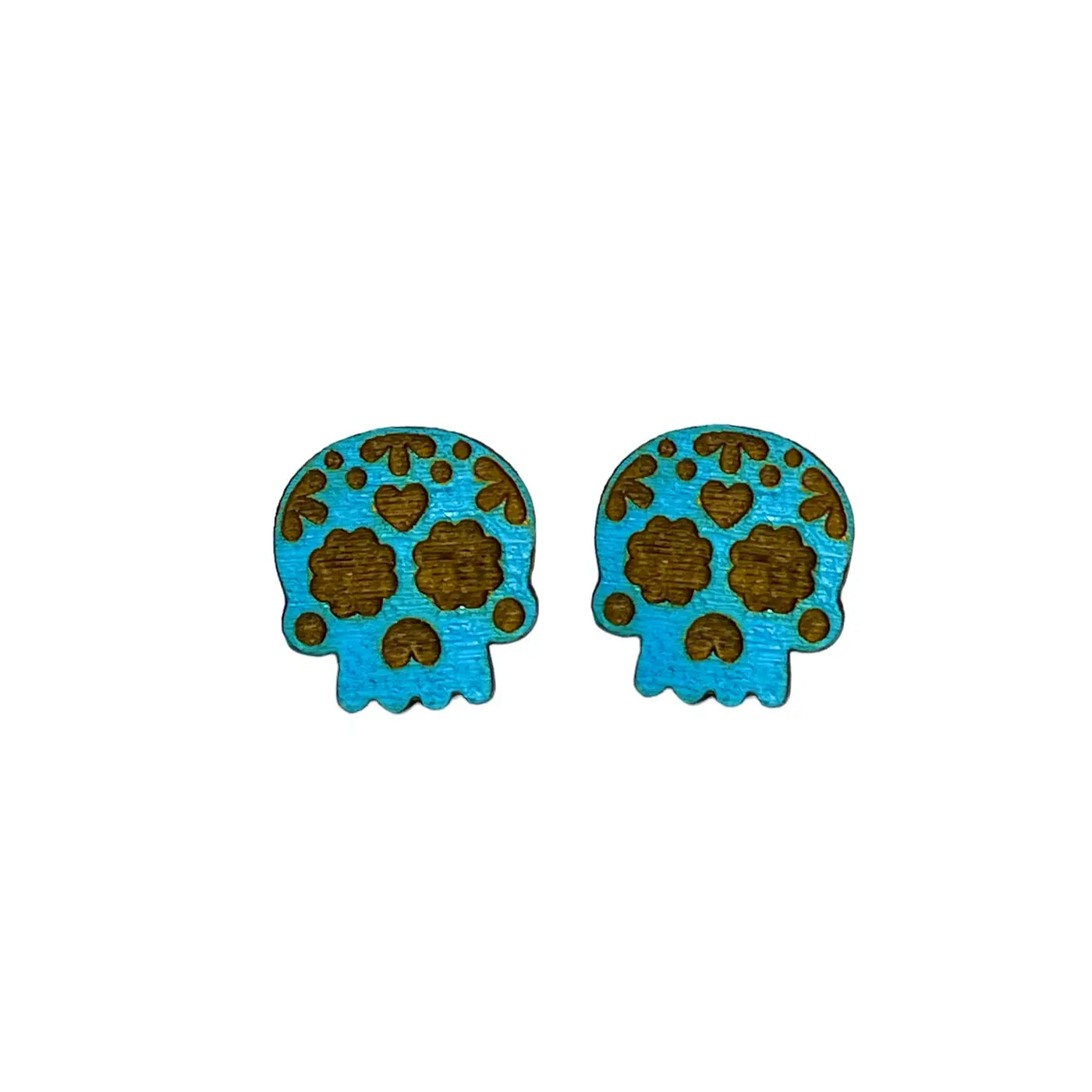 pair of blue wooden sugar skull earrings
