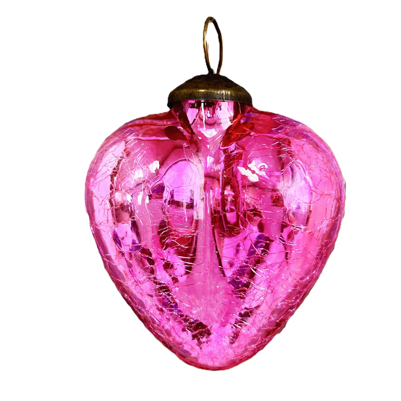 Handmade pink heart ornament with a crackle finish and a brass loop for hanging.