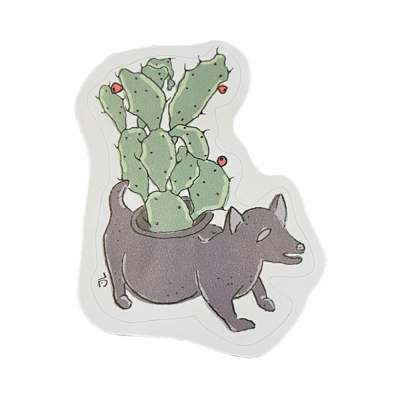 Sticker featuring a dog-shaped planter holding green cactus plants