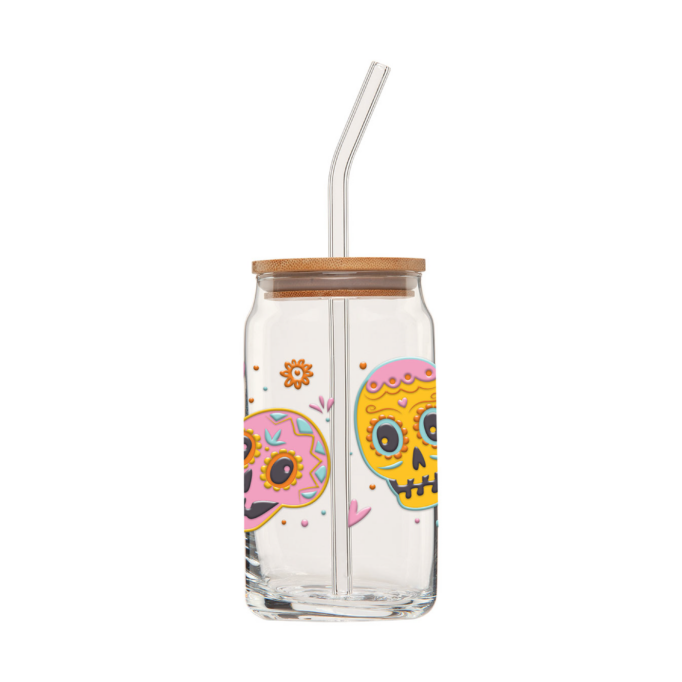 First side of clear glass can tumbler with a glass straw featuring two colorful sugar skulls, hearts and flowers.