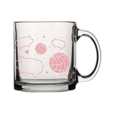 Clear Glass mug with a pattern of pink conchas & marranitos