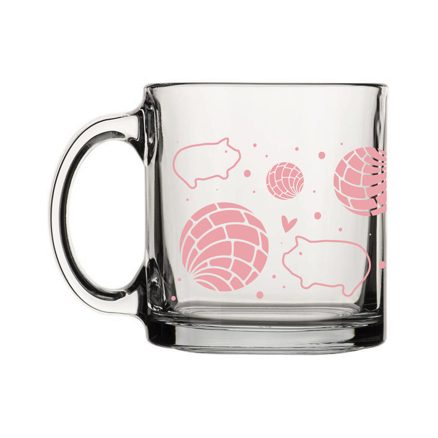 Back side of clear Glass mug with a pattern of pink conchas & marranitos