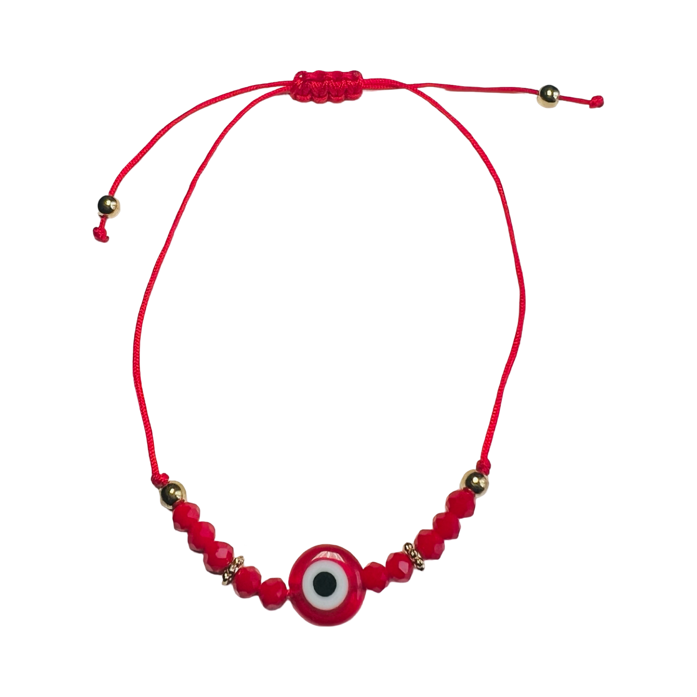 A red beaded bracelet featuring a traditional Evil Eye charm, with an adjustable cord and gold accents