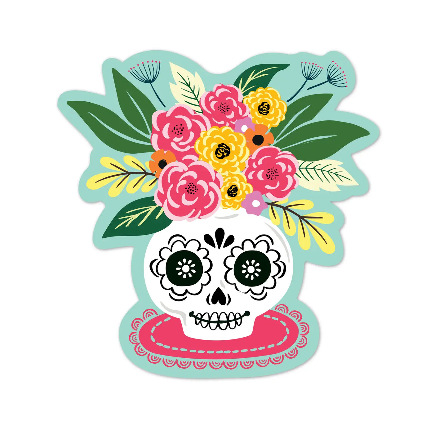 sugar skull flower vase illustration with multi-colored flowers on the top of skull