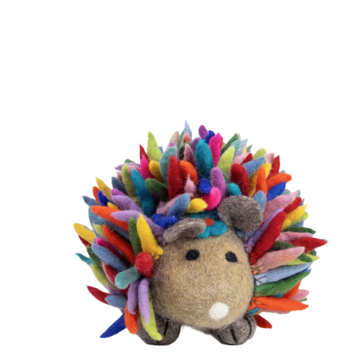 A handcrafted felt hedgehog doll with a beige wool body, tiny gray ears, and a bright, multicolored felt spike design, set against a white background.