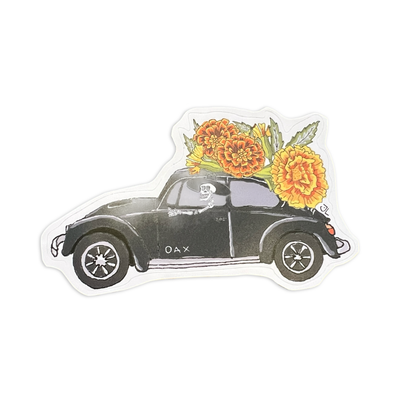 a classic black Beetle adorned with bright marigold blooms