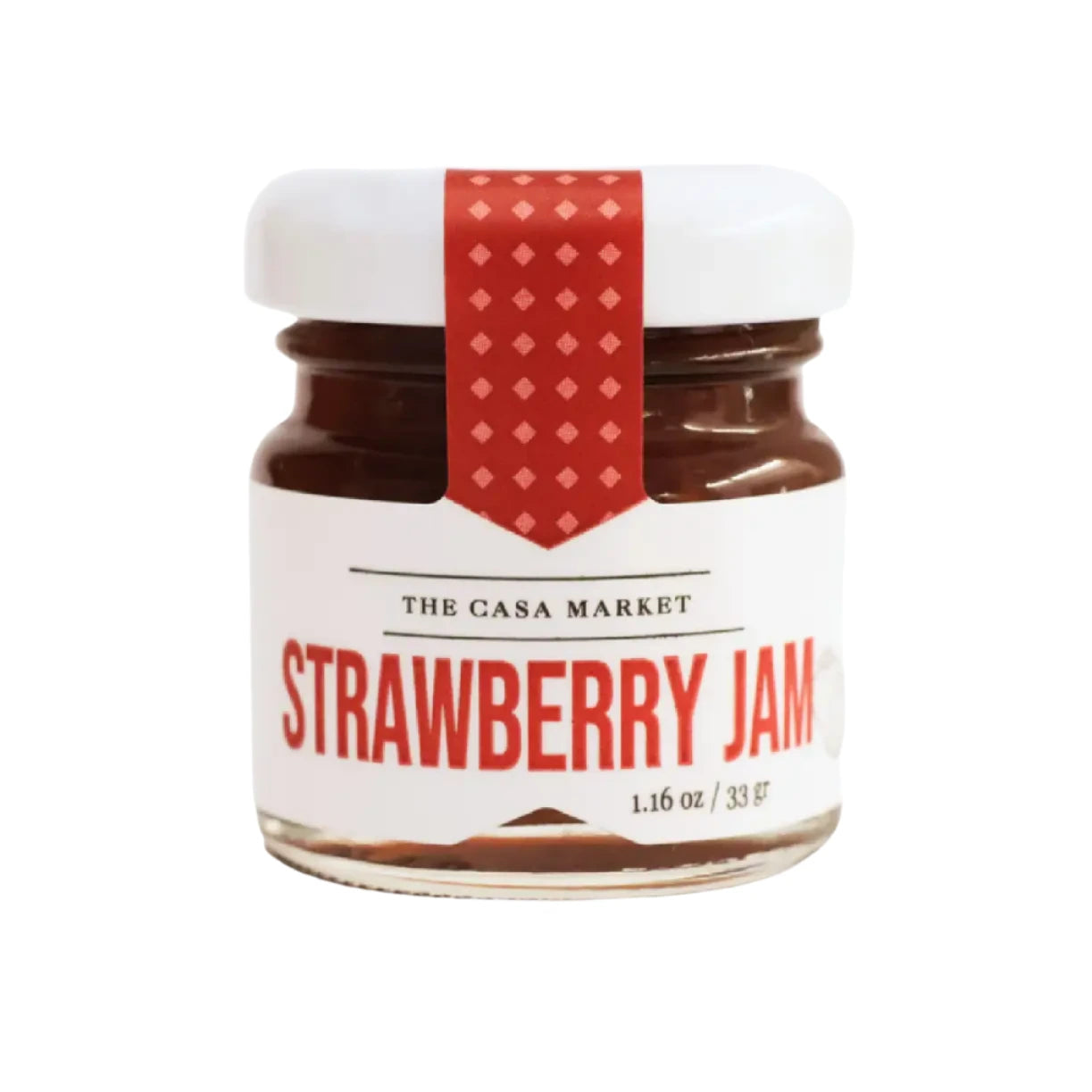 A small glass jar of The Casa Market Strawberry Jam with a white lid and a red decorative ribbon. The label features the brand name and "Strawberry Jam" in bold red text. The jar contains 1.16 oz (33g) of sweet, fruit-filled jam.