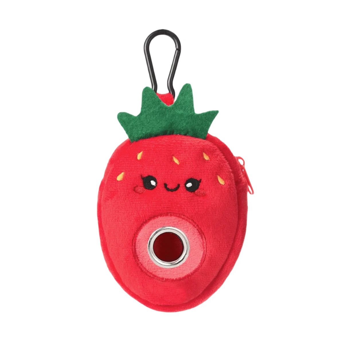 strawberry shaped dog poop dispenser with a smiley face and a black clip