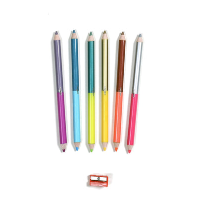 6 double sided colored pencils with a red sharpener
