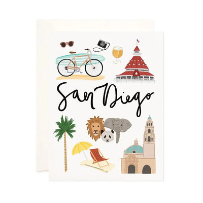 white card with the name San Diego in black lettering and features San Diego landmarks like balboa park, Hotel Del Coronado, the beach.