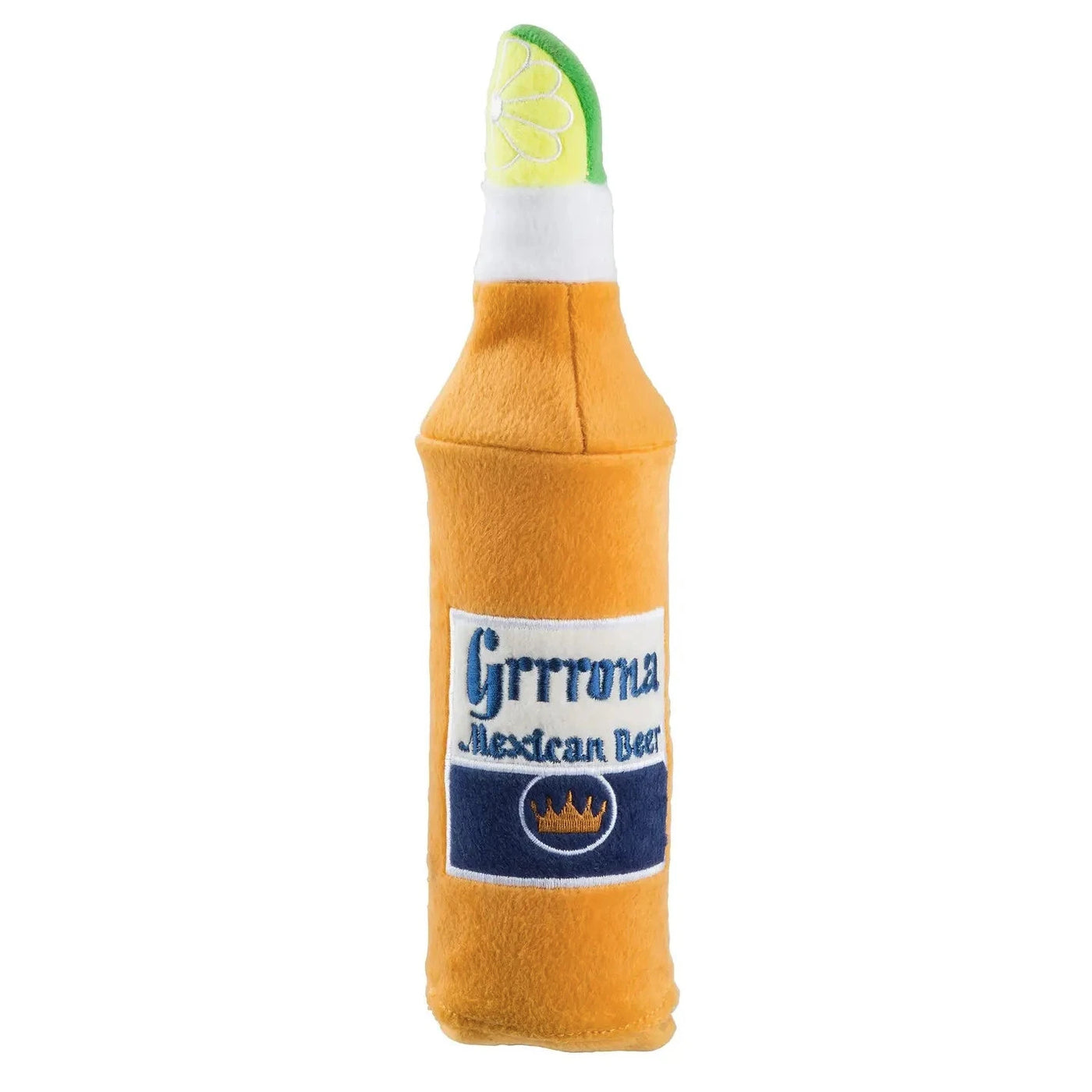 A dog toy shaped and designed to look like a Corona beer bottle with a slice of lime.