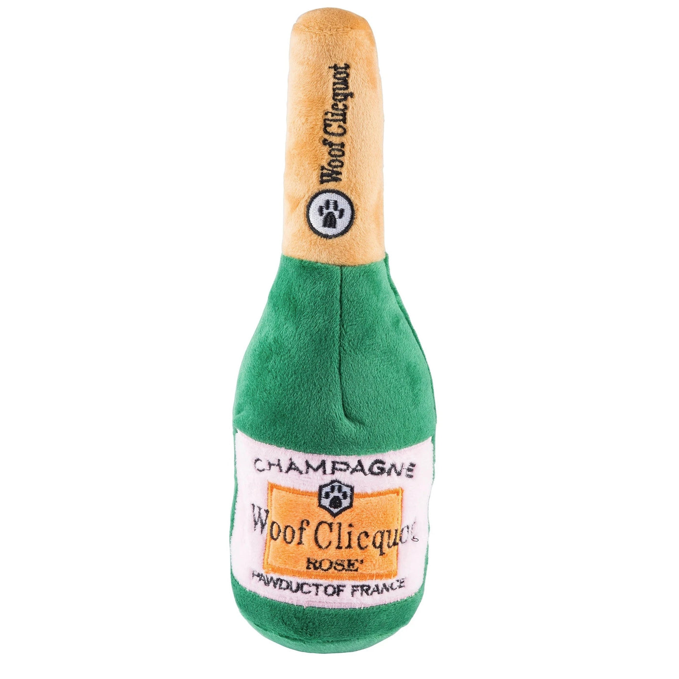 Green plush dog toy in the shape of a champagne bottle featuring a paw print and the phrase Woof Clicquot Rose' Champagne.