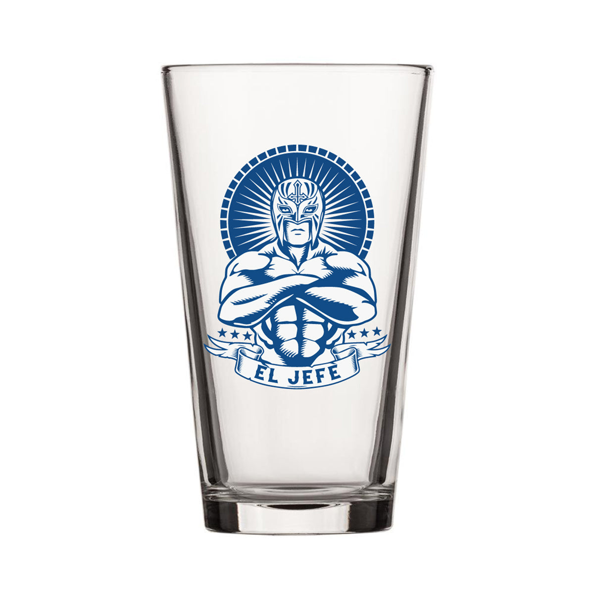 Clear pint glass featuring a blue & white shirtless luchador wrestler. Text underneath reads "El Jefe"