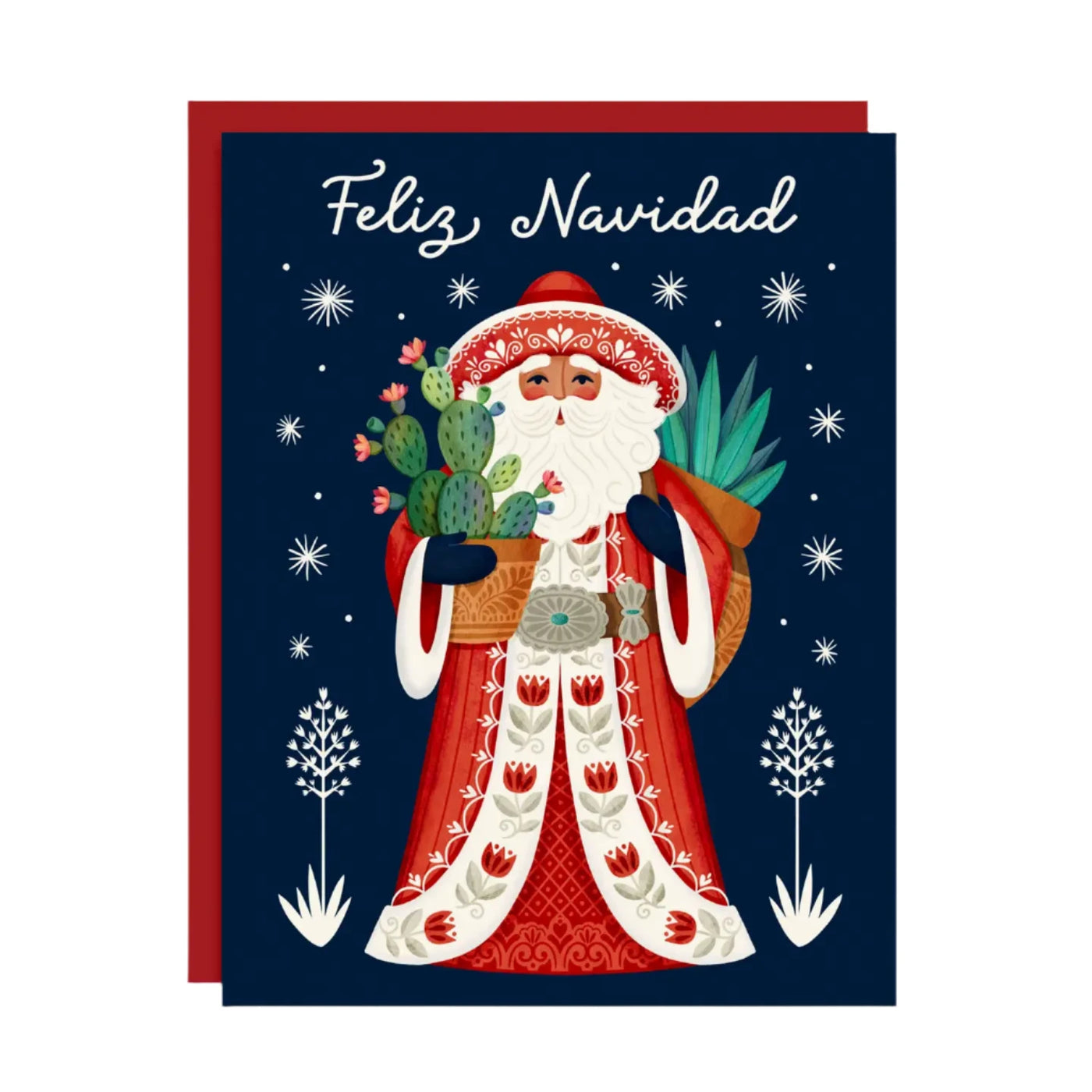 blue card with an illustration of santa wearing a sombrero and cowboy belt while holding an agave and cactus plant and the phrase feliz navidad in white.