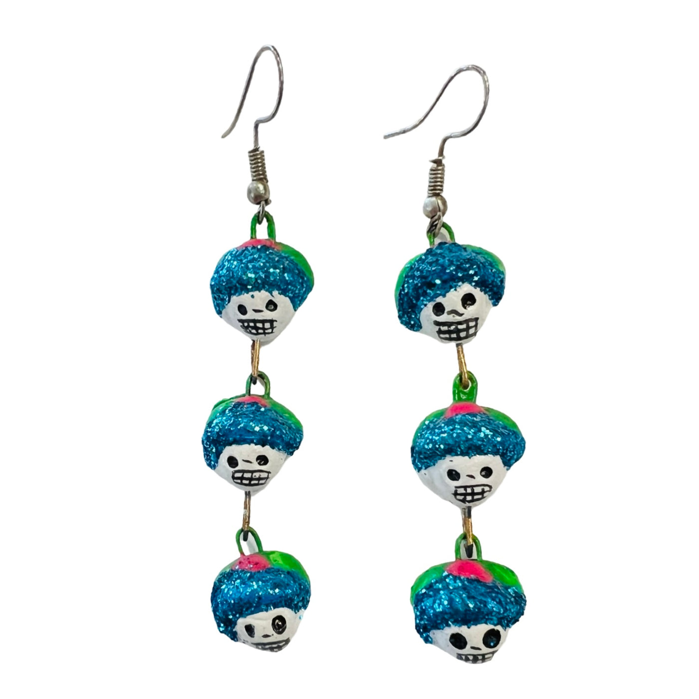 trio of catrina clay skulls dangle earrings featuring a teal glitter hat.