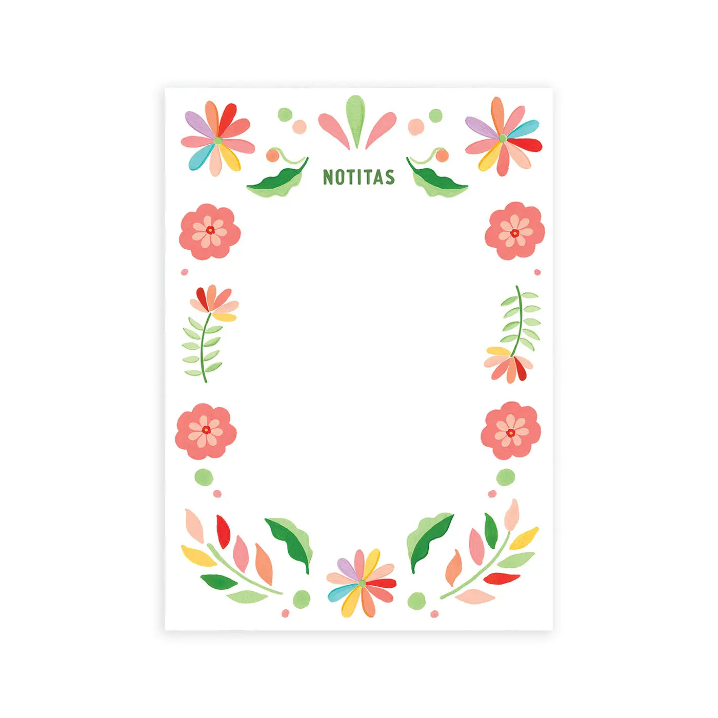 White notepad bordered with pink flowers and multicolored flowers and the phrase Notitas on the top center in green lettering