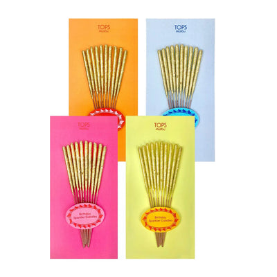 Four colorful cards pink, orange, yellow, and blue each holding a set of 10 gold sparkler birthday candles by TOPS Malibu.