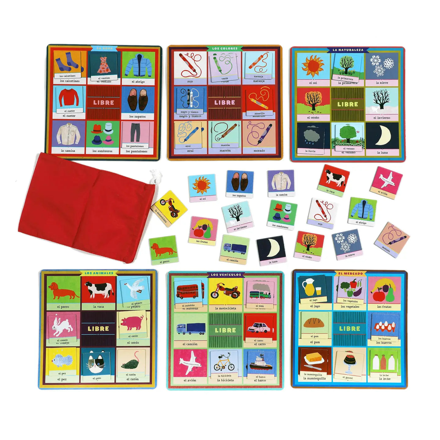 A Spanish Vocabulary Bingo game set displayed with six colorful game boards, vocabulary word tiles, and a red drawstring bag. The boards feature different categories such as animals, clothing, colors, nature, vehicles, and food, with corresponding Spanish words and illustrations. The tiles are scattered around, showing images and Spanish terms, making language learning fun and interactive.