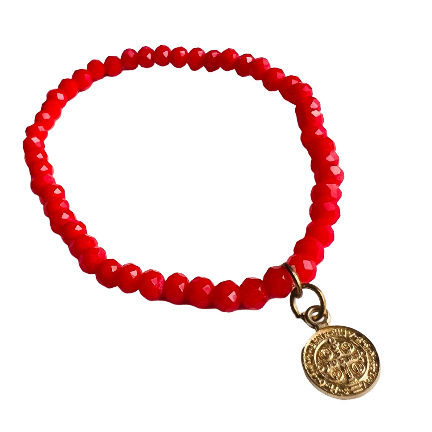 red bead bracelet with a gold charm