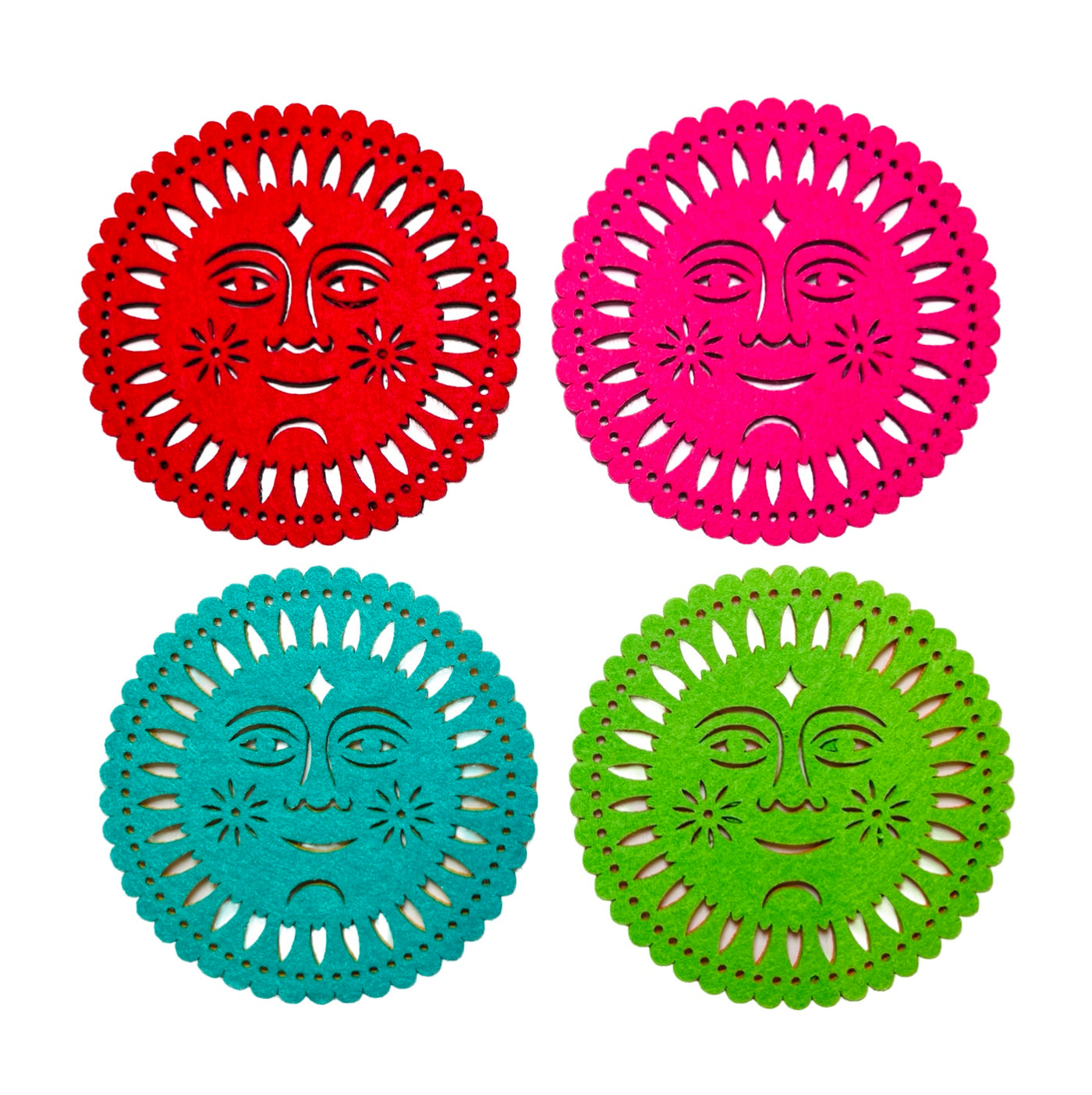 set of 4 round multicolored felt papel picado inspired coasters that feature a sun design