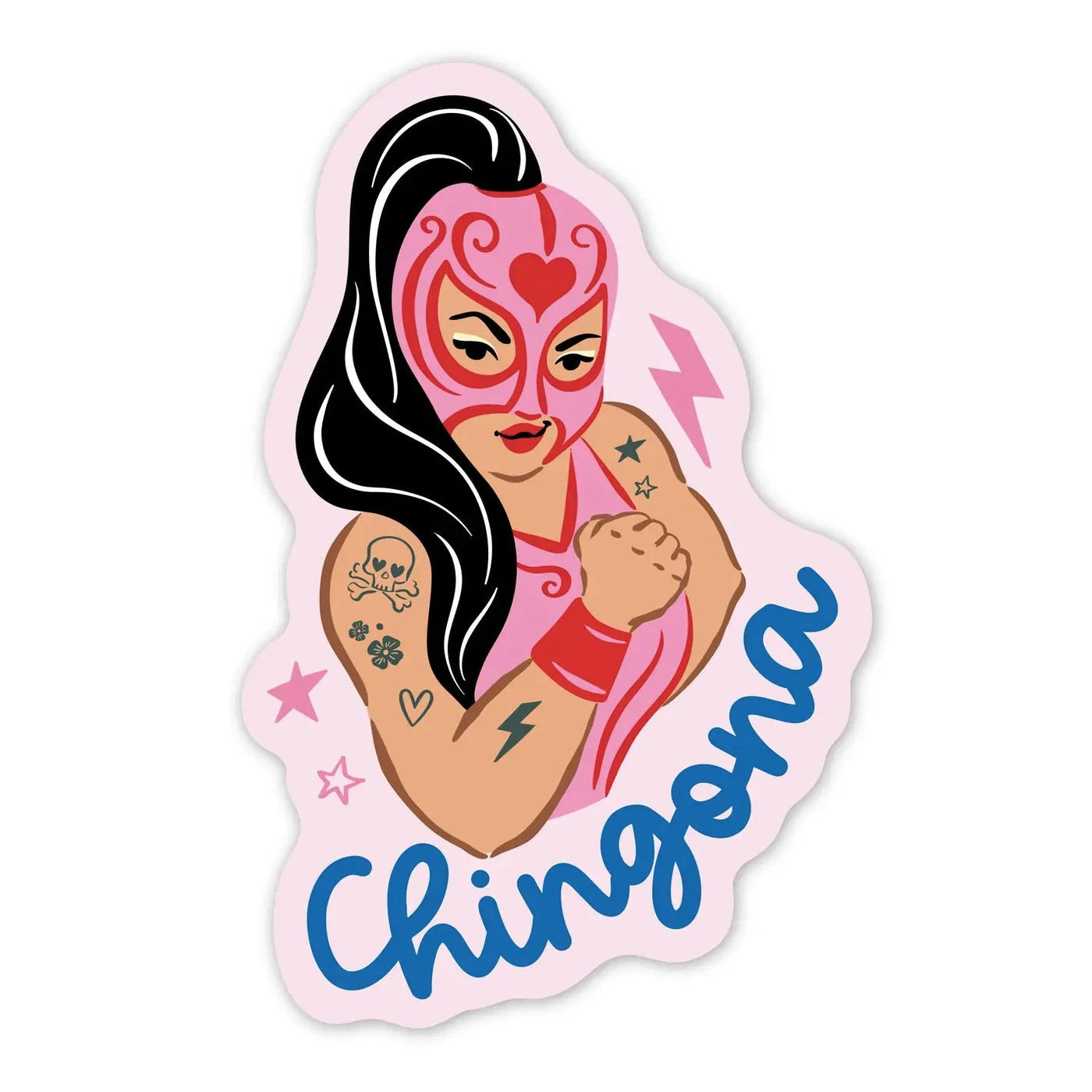 blush sticker with an illustration of a woman luchadora with a pink suit and mask featuring the word Chingona in blue lettering