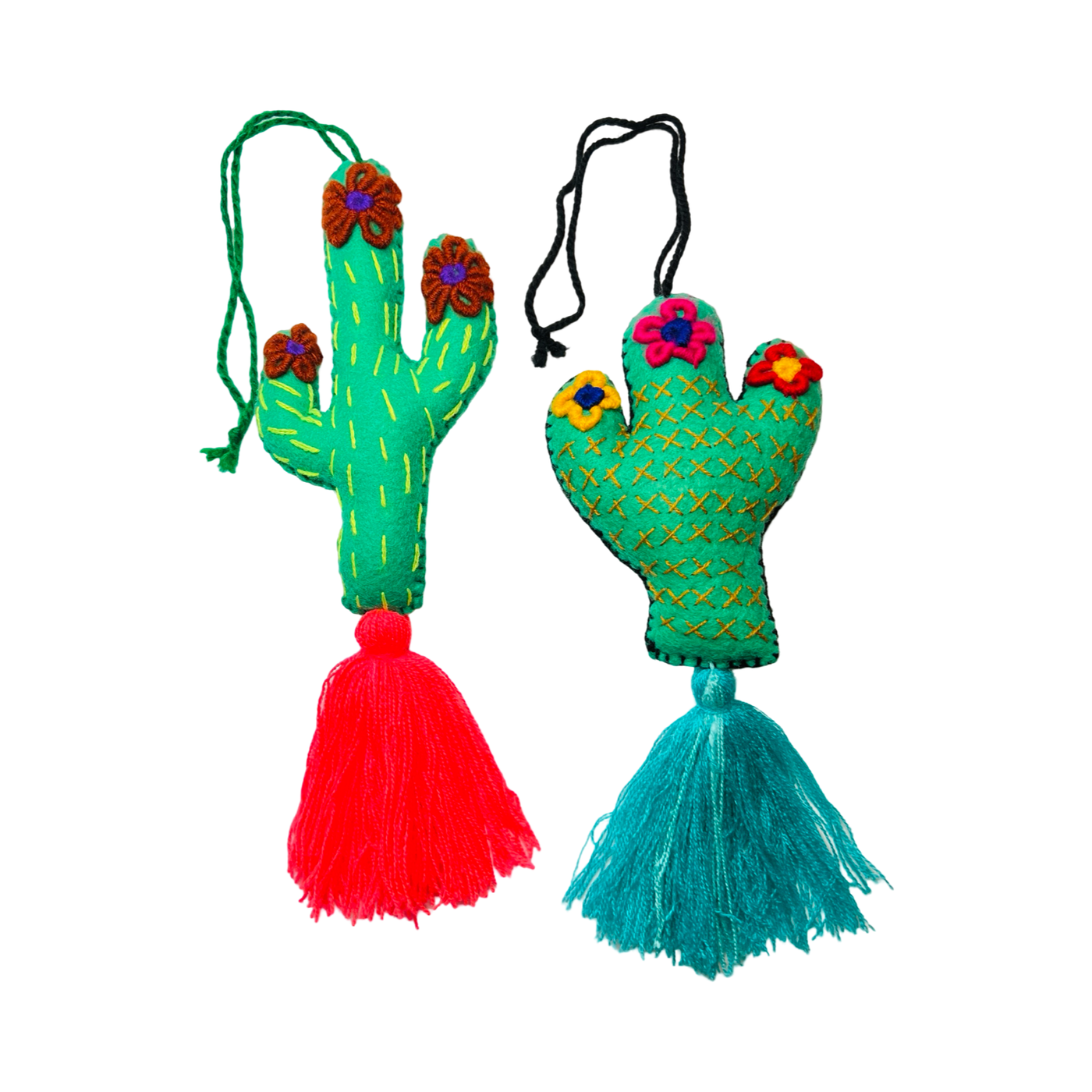 Two felt cacti featuring a pom pom and tassel