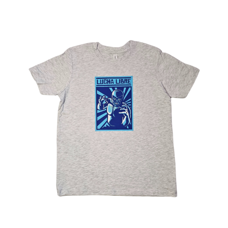 heather grey tee shirt featuring a royal blue & light blue luchador wrestler. Text reads "Lucha Libre"
