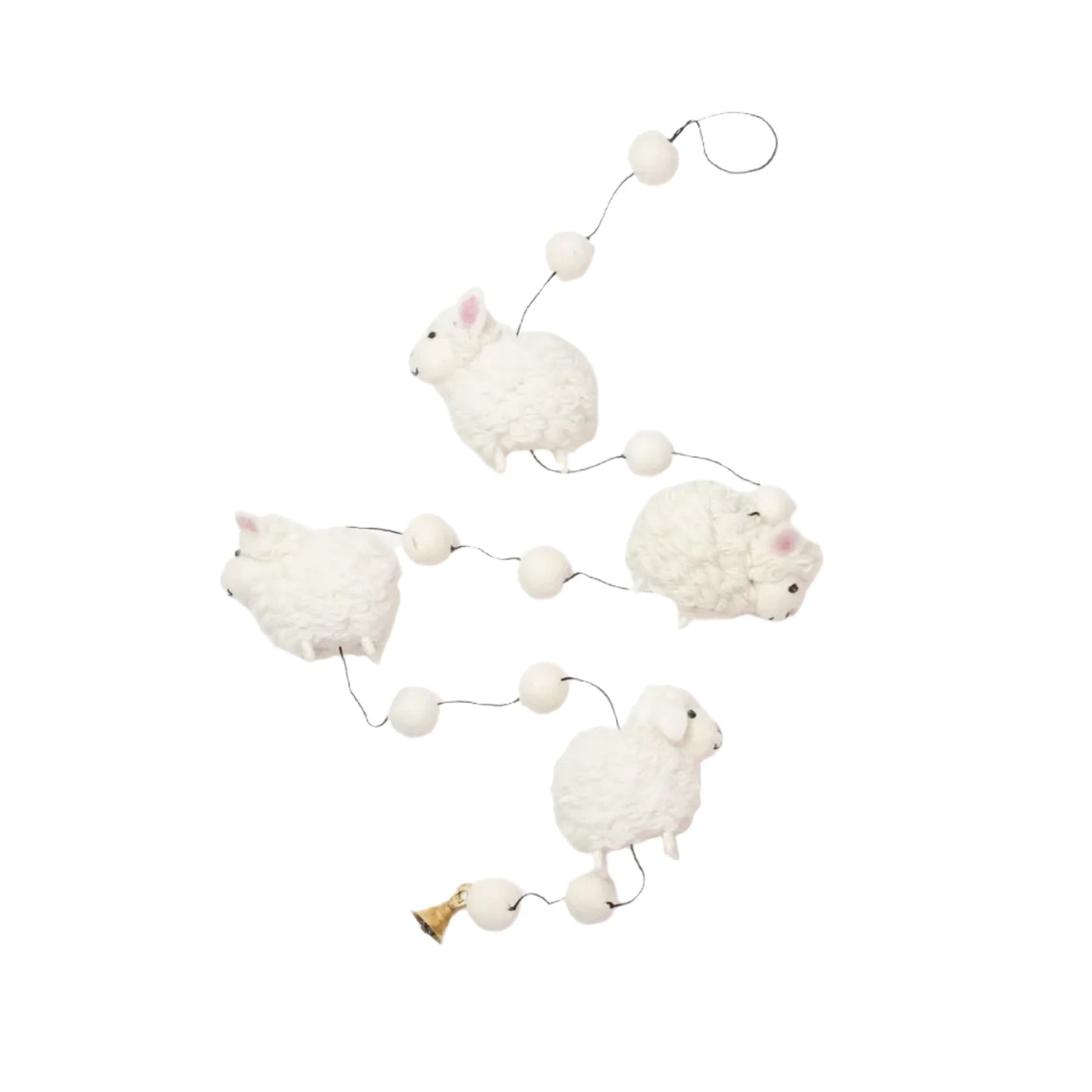 A handcrafted felt sheep garland with fluffy white sheep, round felted beads, and a small gold bell, strung together on black thread and displayed on a white background.