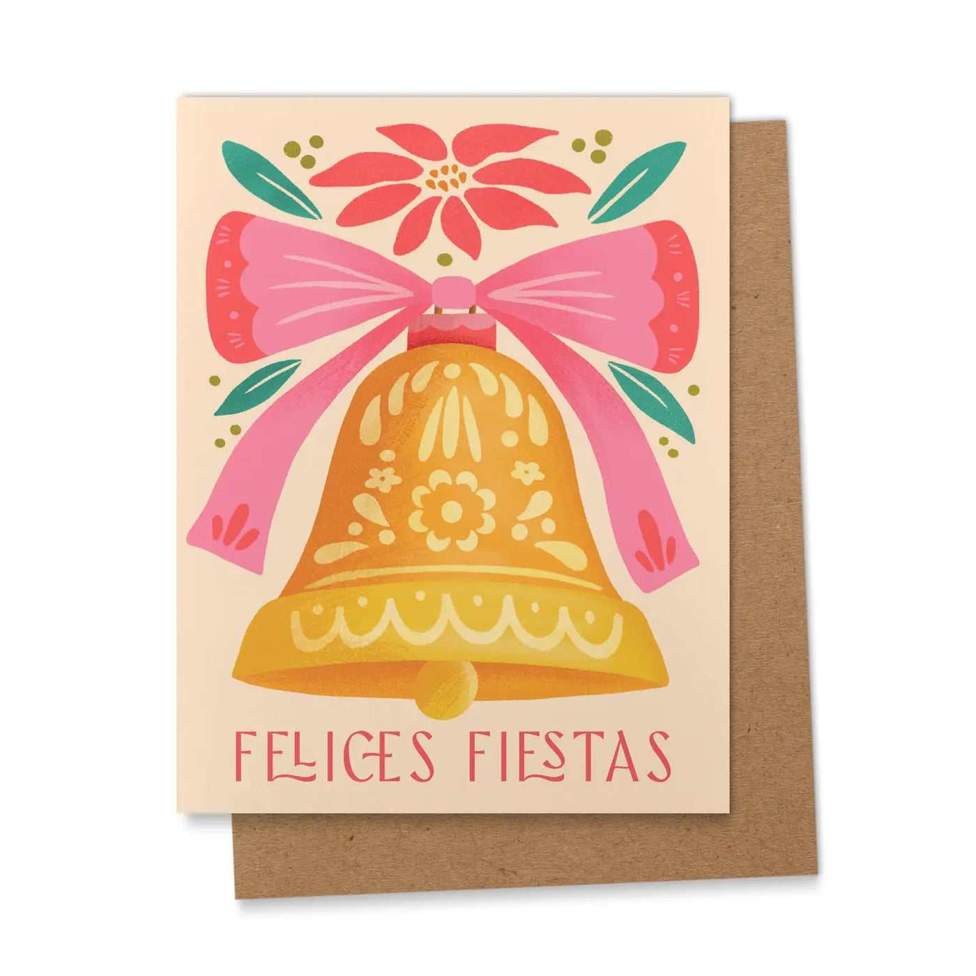 Greeting card with "Felices Fiestas" written in pink beneath a golden bell with floral patterns, topped with a pink ribbon and surrounded by poinsettias and green leaves.