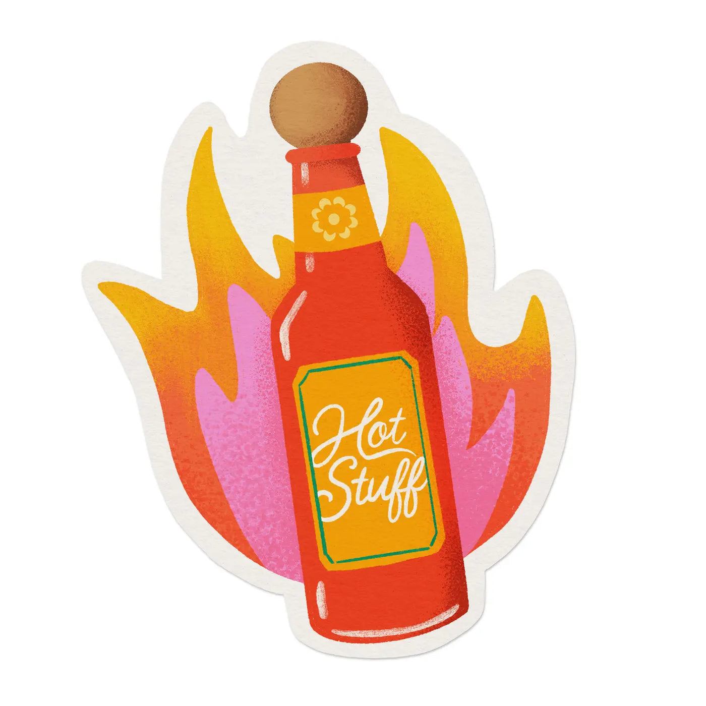 A vibrant sticker of a red hot sauce bottle labeled "Hot Stuff," surrounded by orange and pink flames.