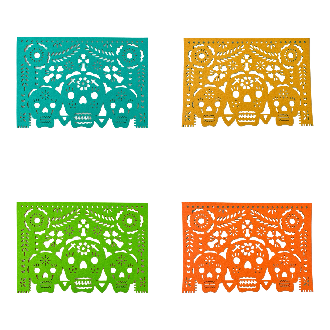 4 mutlicolored felt papel picado inspired placemats that features a trio of skulls design with flowers and bone crosses.