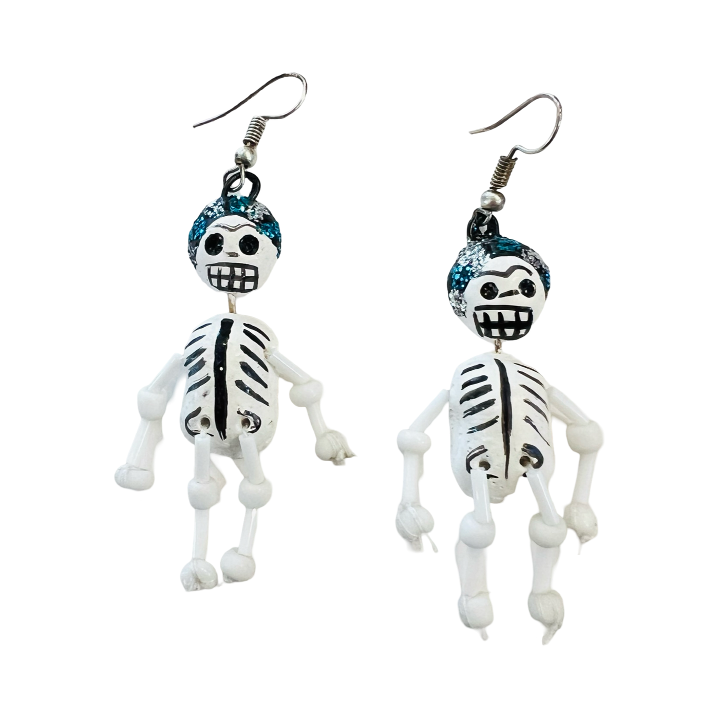 set of white clay Frida skeleton earrings.