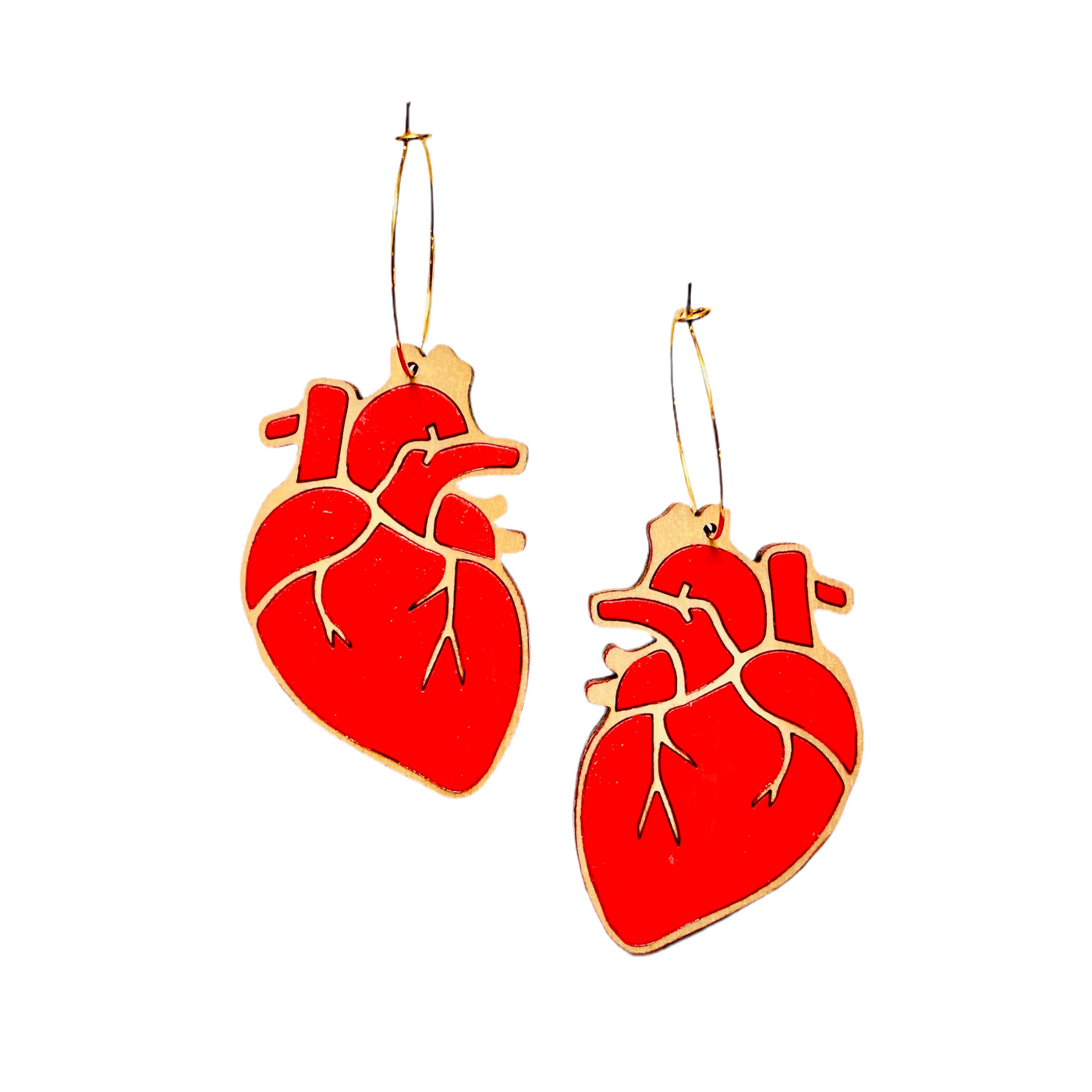 Red anatomical heart wooden hoop earrings.