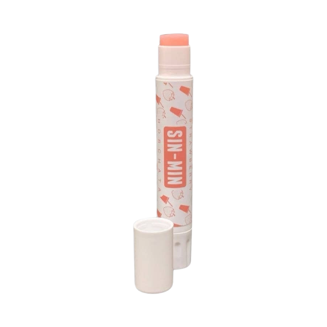 white tube of pink lip balm with branded pink labeling