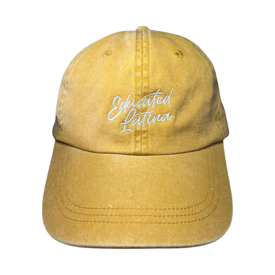 Front view of a yellow hat with the phrase Educated Latina in white lettering
