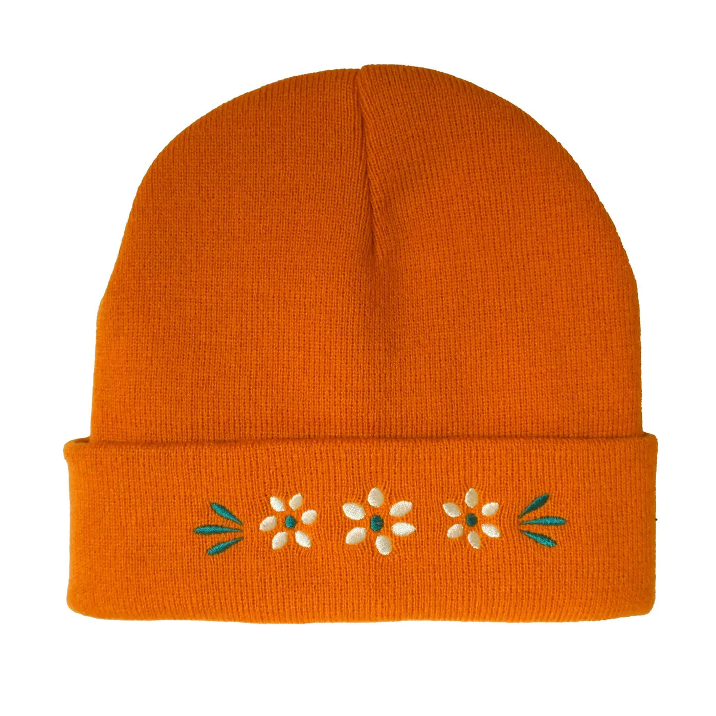 light orange beanie with a embroidered barro floral design.