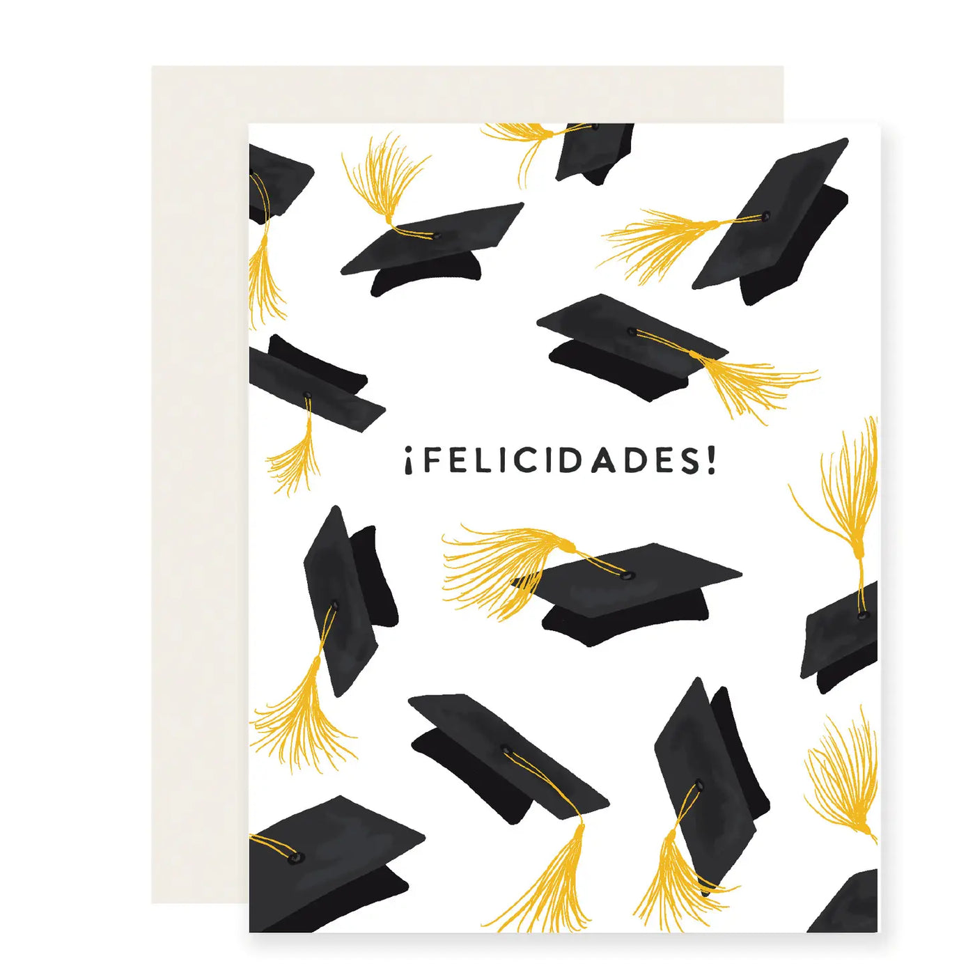 White card with black graduation hats and the phrase Felicidades.