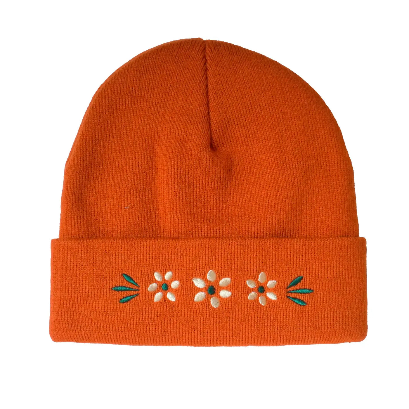 dark orange beanie with a embroidered barro floral design.