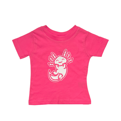 Pink infant shirt with an illustration of a white smiling axolotl.