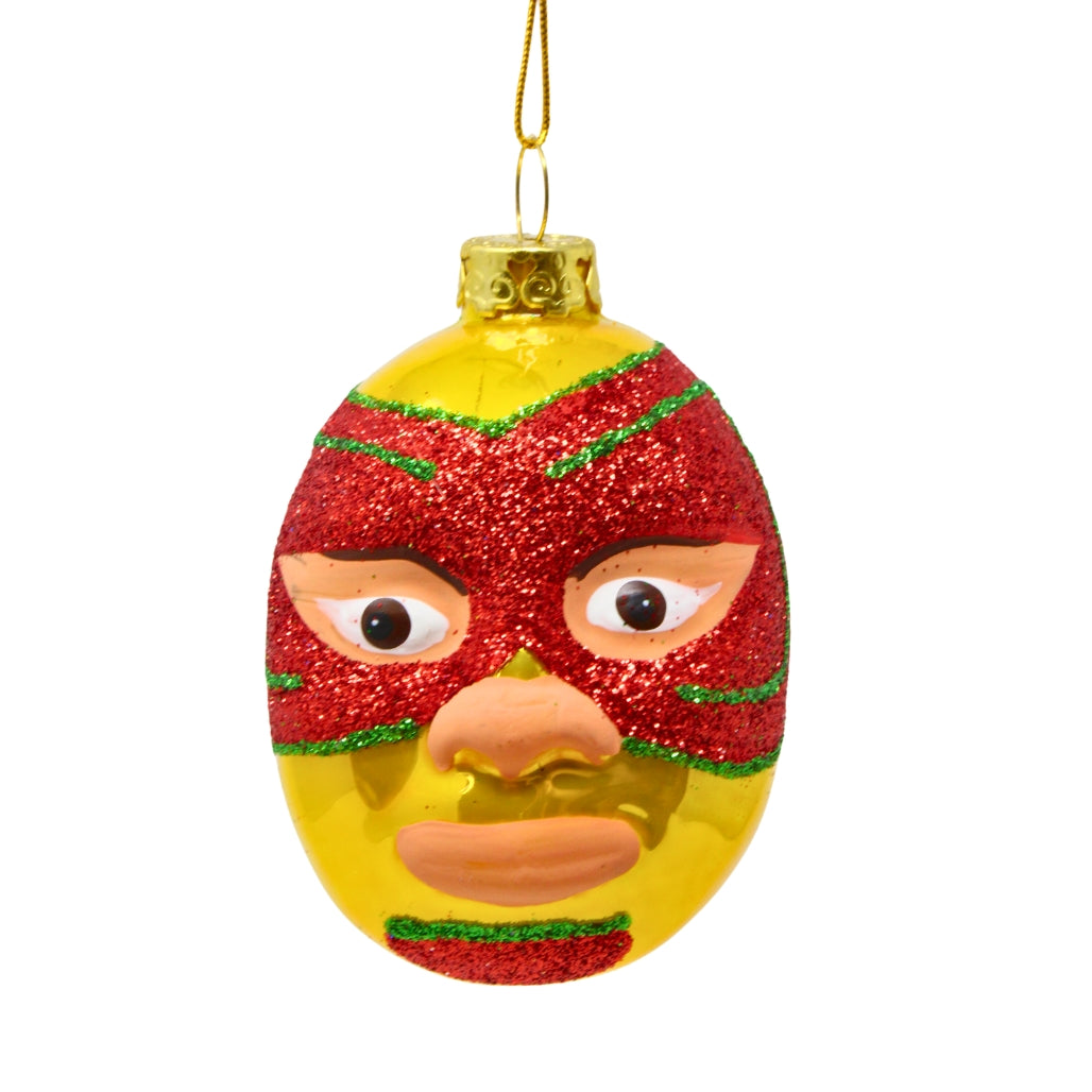 glass ornament featuring a luchador mask of various colors