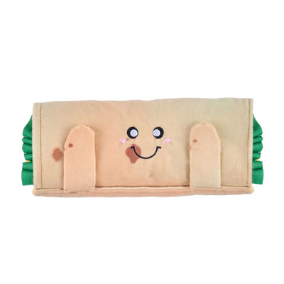 Plush burrito-shaped dog snuffle mat featuring an embroidered smiling face when rolled up.