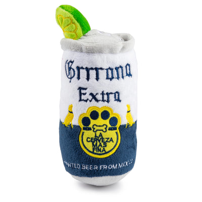 White and blue plush beer can dog toy that features a slice of lime
