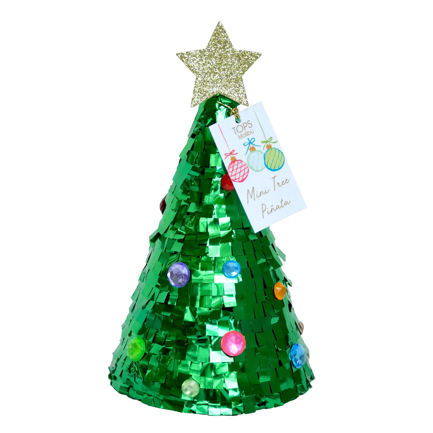 Small green Christmas tree piñata with shiny fringe, colorful faux gem decorations, and a gold glitter star on top.