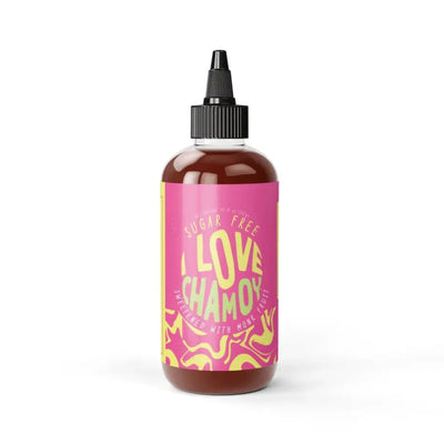 10 oz clear bottle with a black lid and a pink branded label