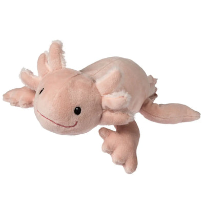 A soft pastel pink axolotl plush toy with a friendly embroidered smile, black button eyes, and fluffy gill-like details on its head, designed for cuddling and play.